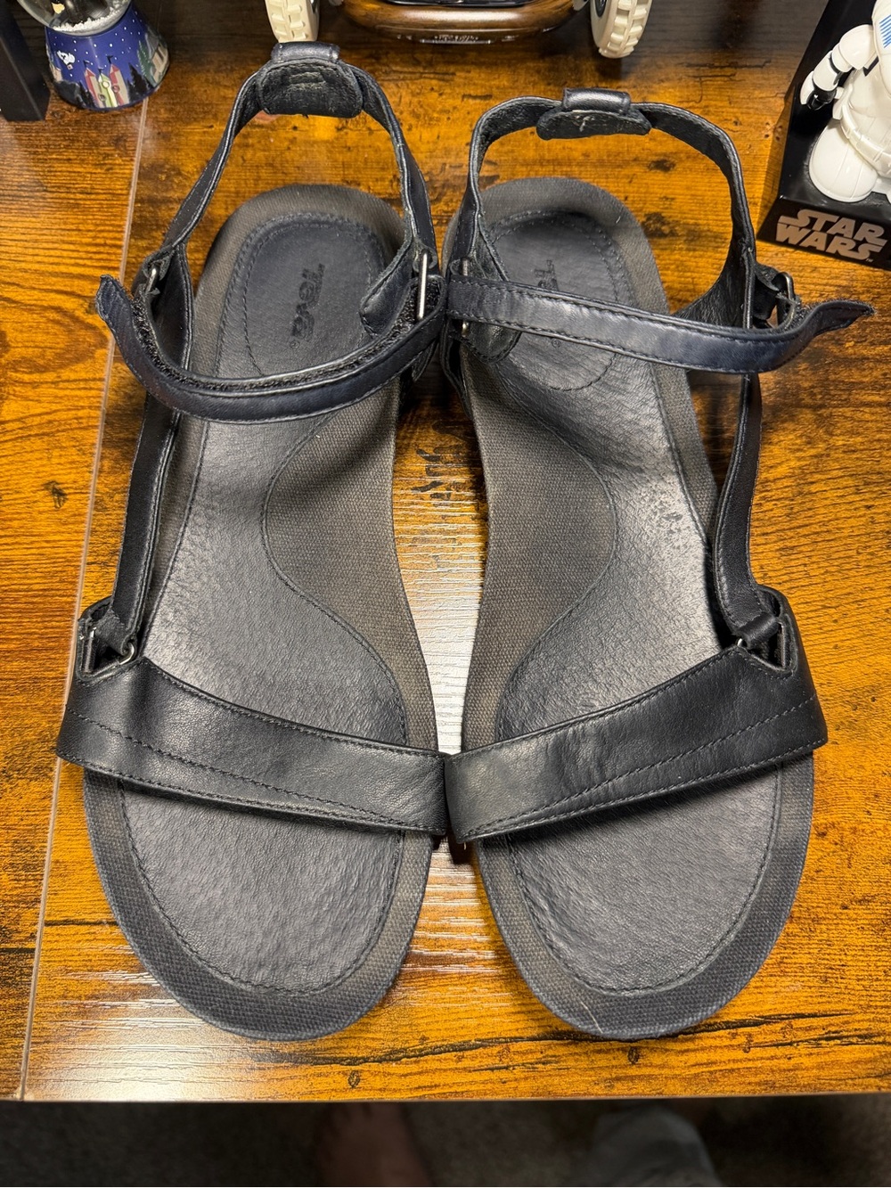 Teva Black Leather T-Strap Comfort Sandals